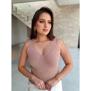 Regata feminina canelada decote v básica blusinha tricot modal feminino em Oferta na Shopee