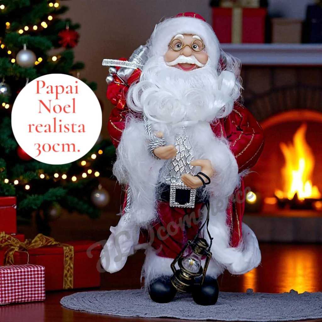 Boneco Papai Noel 30 cm Decoração De Natal Enfeite Natalino Linha Luxo + Pisca Pisca De Brinde