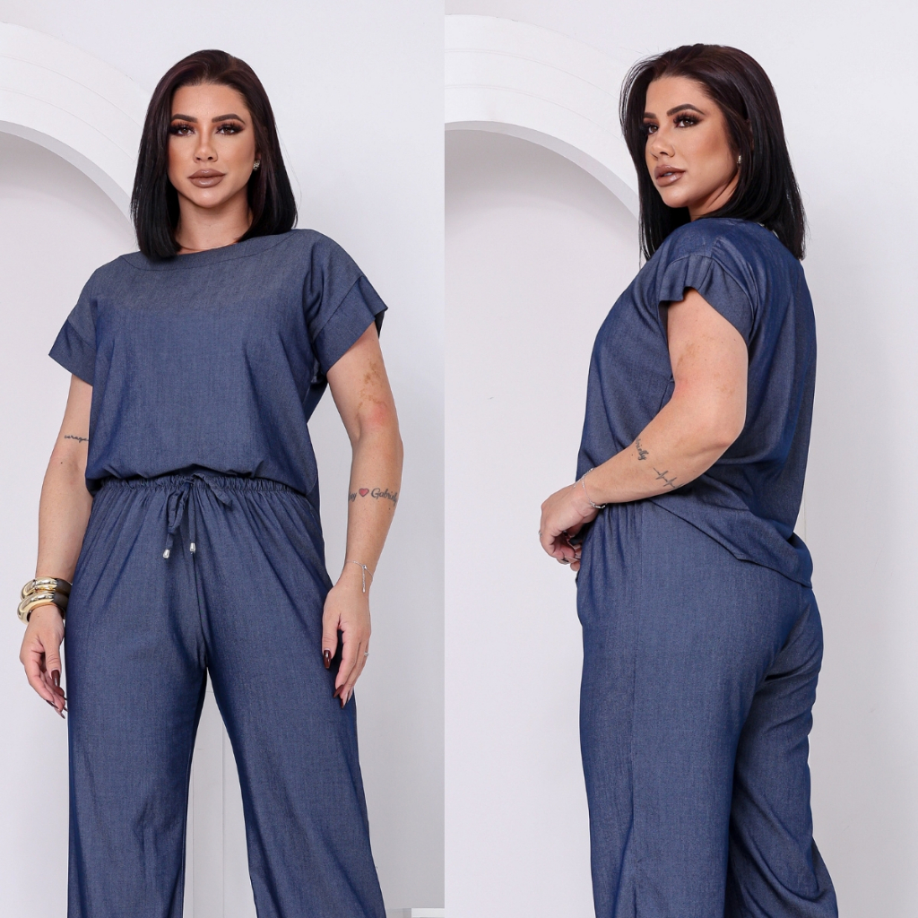 Blusa Jeans Feminina Plus Size Manga Japonesa Gola Redonda em Chambray Moda Elegante