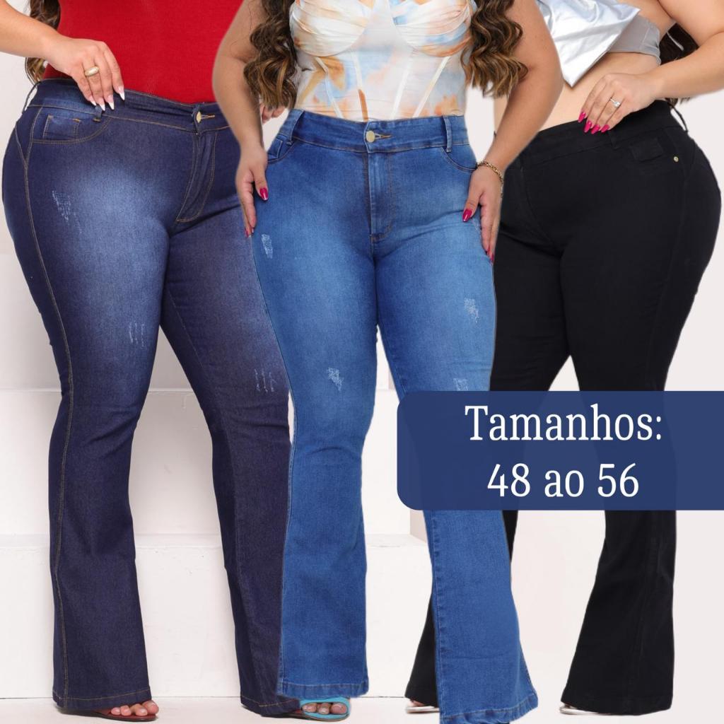 Calça Flare Jeans Plus Size  Feminina Levanta Bumbum Lançamento em Oferta na Shopee