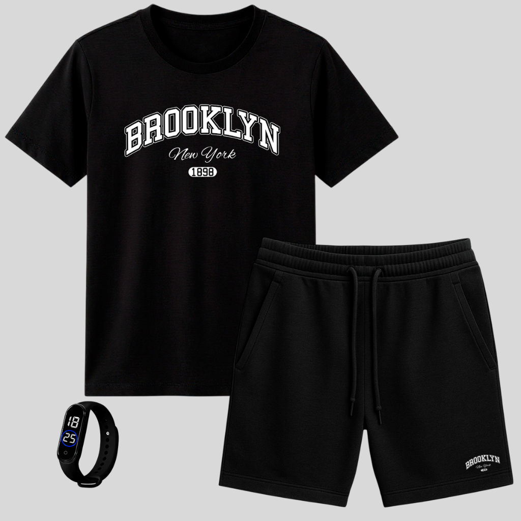 Conjunto Camiseta e Bermuda Juvenil Menino + Relógio de Brinde Estampa Brooklyn em Oferta na Shopee