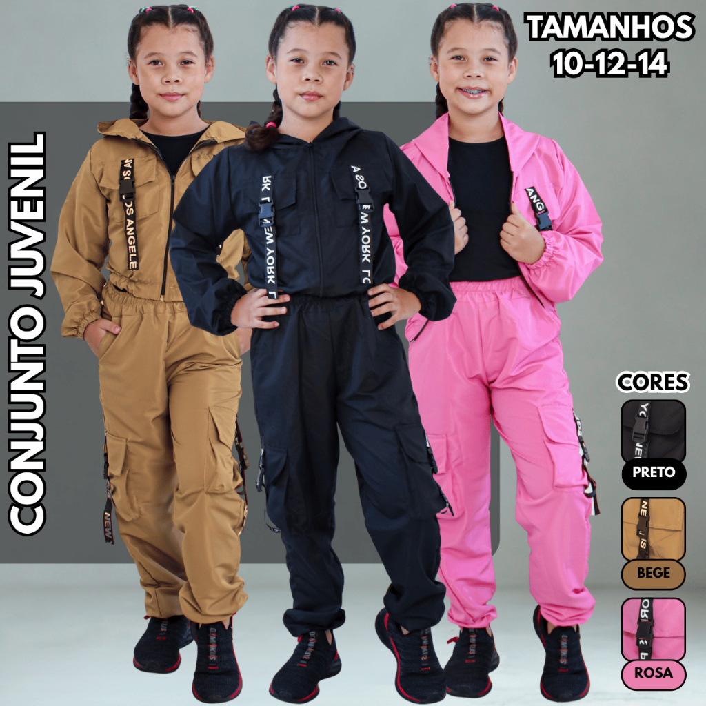 Conjunto Menina Blusinha Bomber e Calça Tactel Jogger Cargo Infantil Juvenil Jaqueta Blusa Calca Top