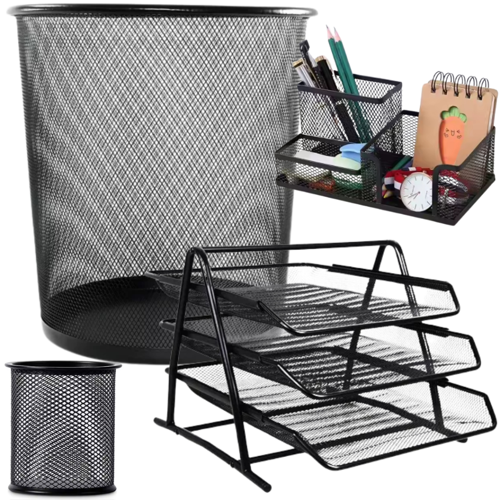 Kit Escritório Organizador Porta Caneta Lixeira Porta Treco Clips 3 Divisórias Bandeja Prateleira