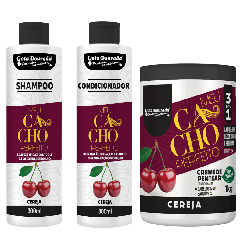 Kit Meu Cacho Perfeito Cereja Gota Dourada - Shampoo, Condicionador e Creme de Pentear em Oferta na Shopee