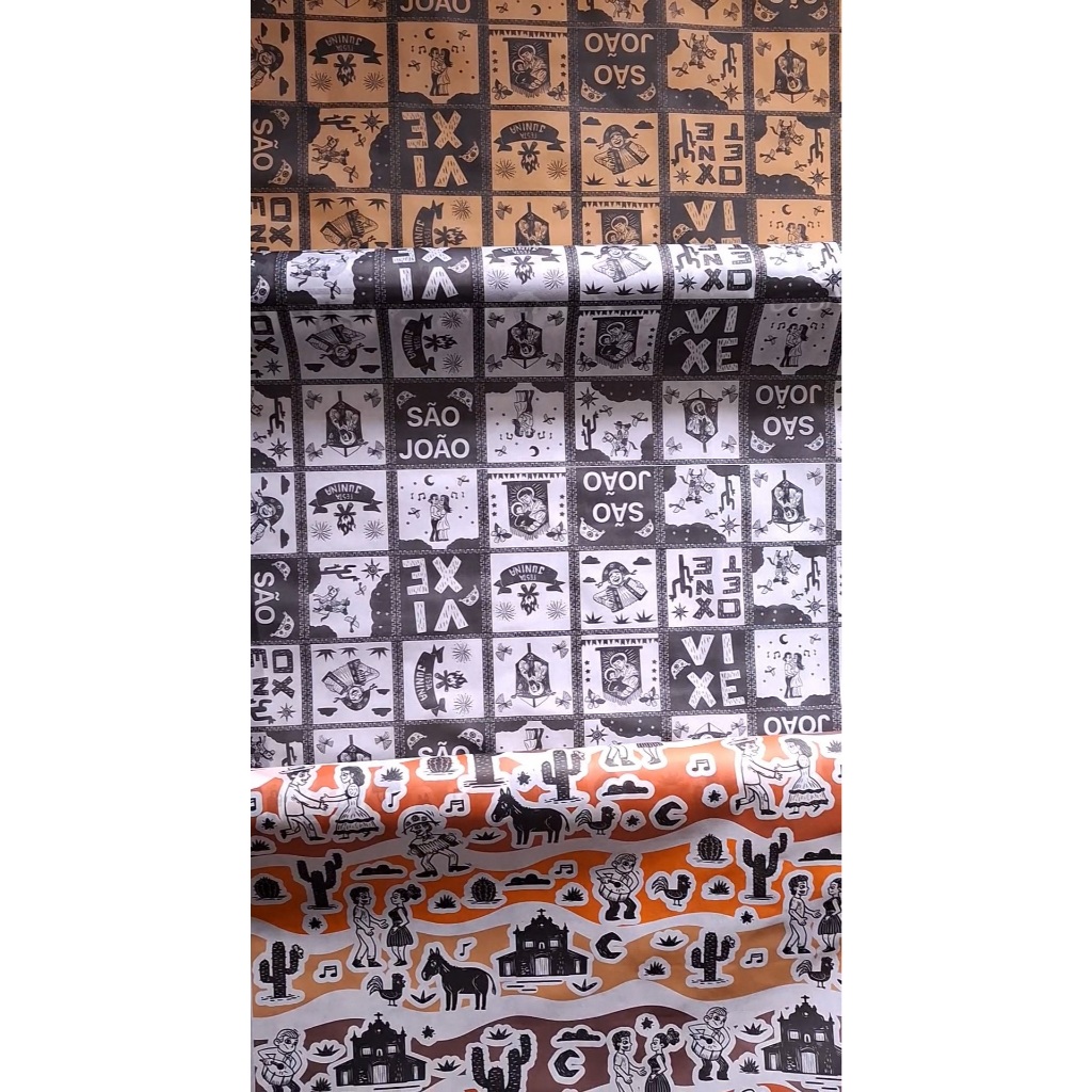 Detalhes do TNT Estampado Cordel Branco/Bege/Sertão - Painel (Tradição, Nordeste, Festa Junina)