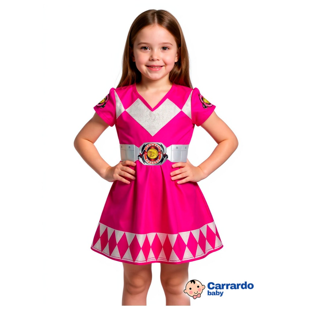 Fantasia Power Ranger Rosa Infantil Vestido Cinto Menina Cosplay Festa Carnaval Brincar Aniversário