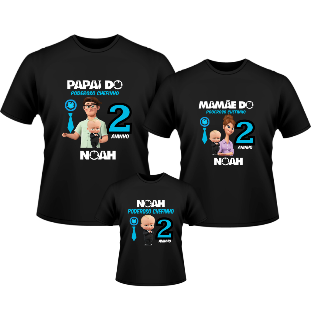 Kit 3 Camisetas Pretas  Personalizadas Aniversário Tema Poderoso Chefinho  Adulto e infantil Unisex