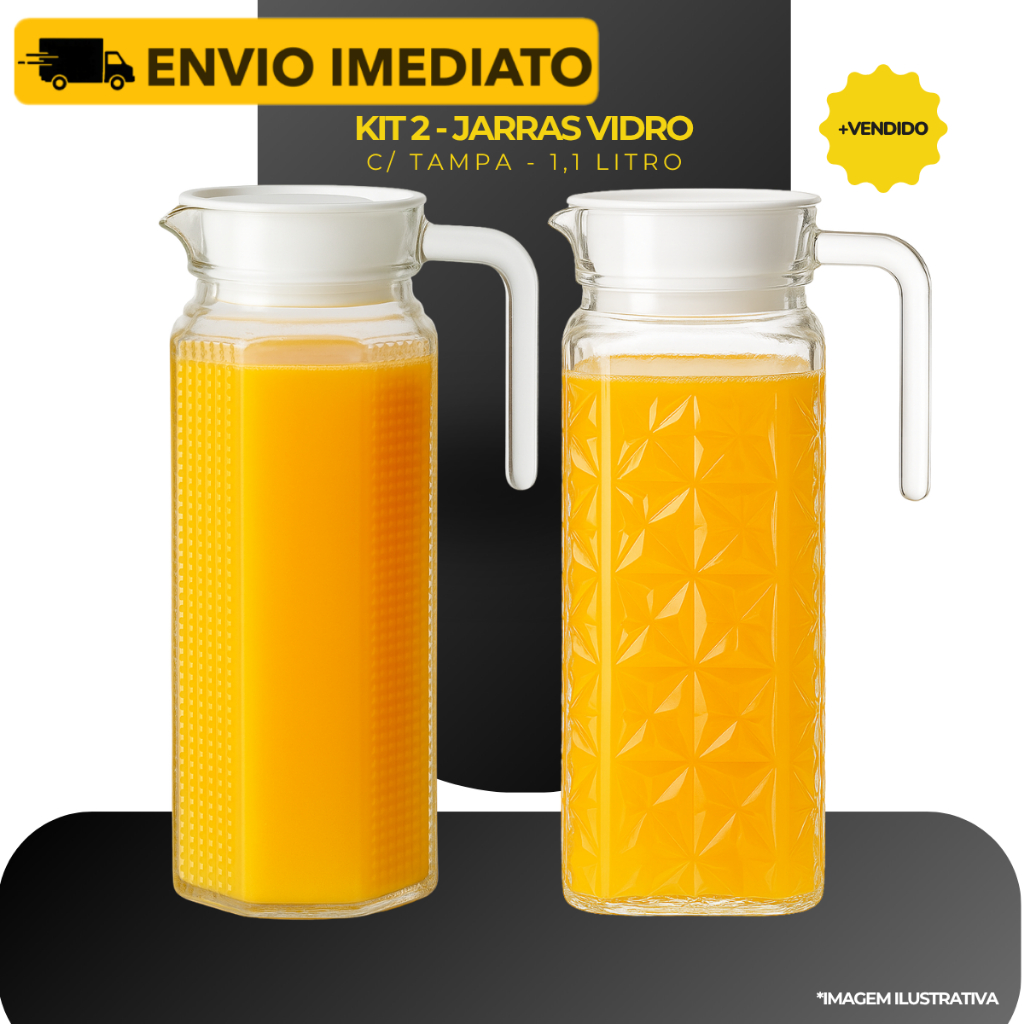 Jogo 2 Jarras Vidro Suiça Transparente 1 Litro C/Tampa Resistente