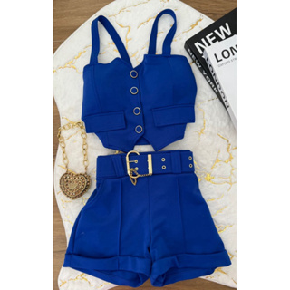 conjunto cropped de botão com alças short com cinto neoprene em Oferta na Shopee