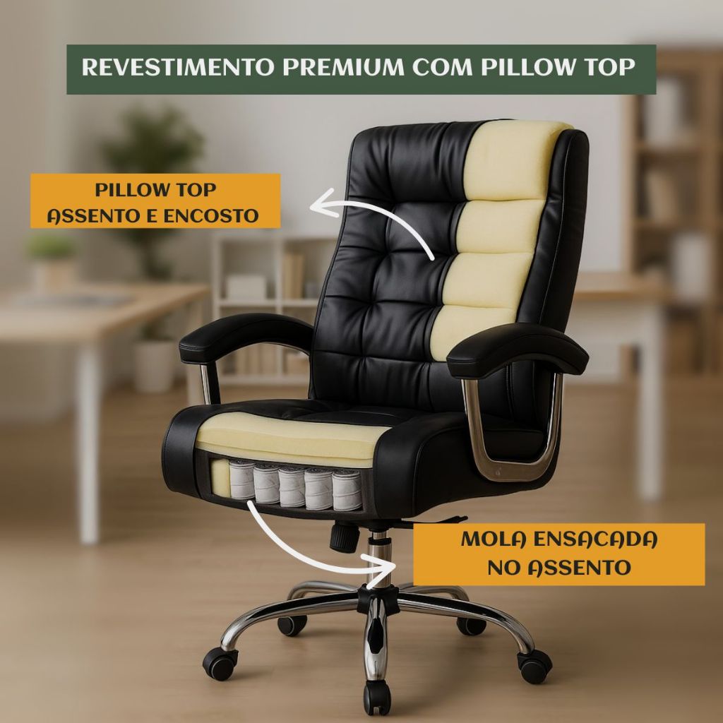 Cadeira Escritório Miami Presidente Tecnológica 42 Molas Ensacadas Revestimento Pillow Top LuvinCo
