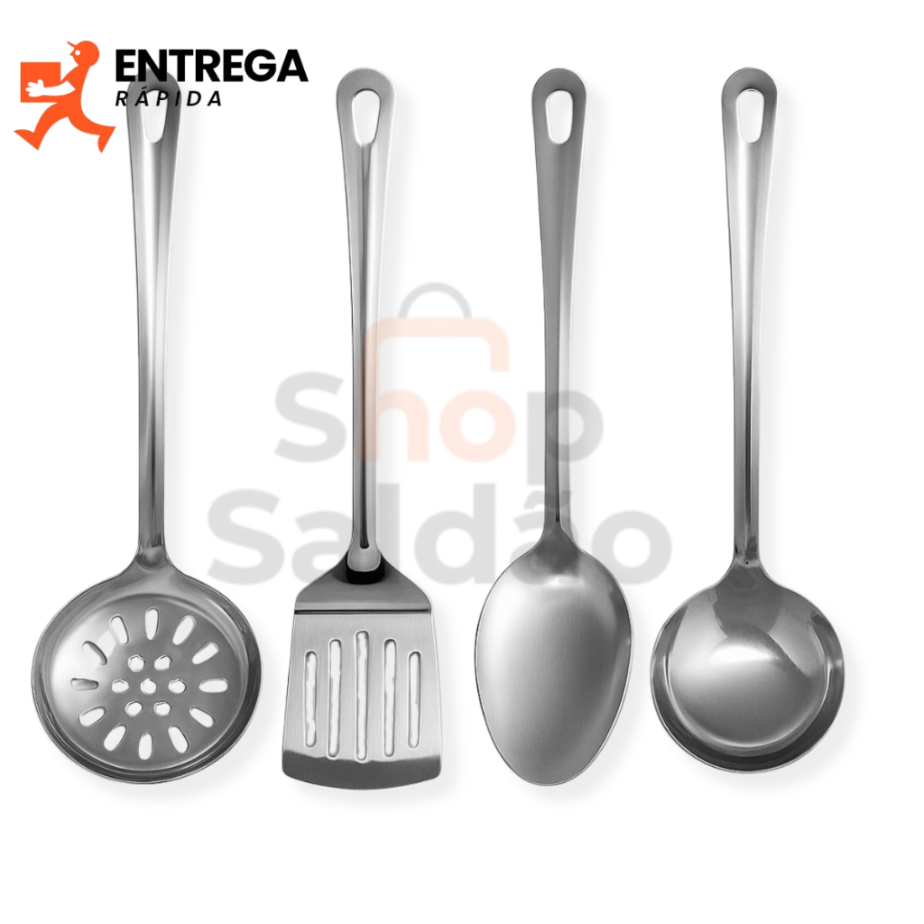 Kit 4 Utensílios para Cozinha Inox Espátula Vazada Concha Escumadeira Colher de Arroz Itens Cozinha
