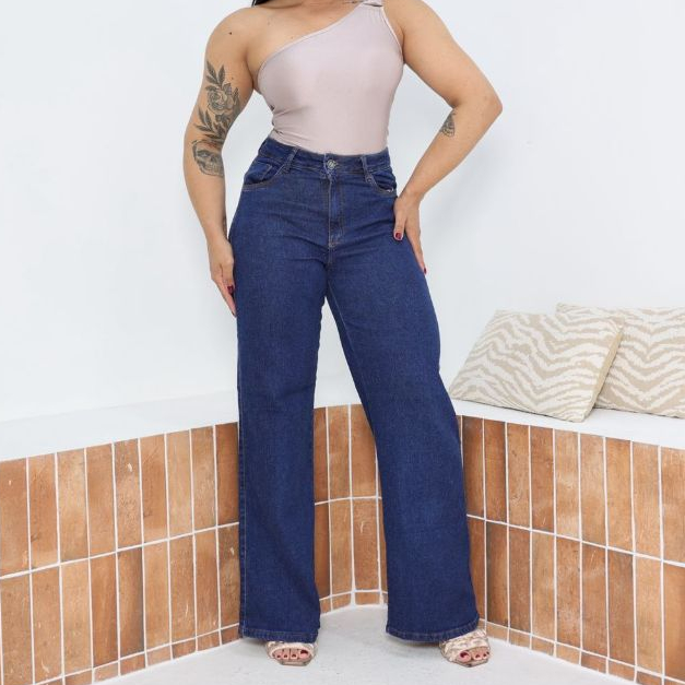 Calça Jeans Feminina Wide Leg Pantalona Escura Cintura Alta