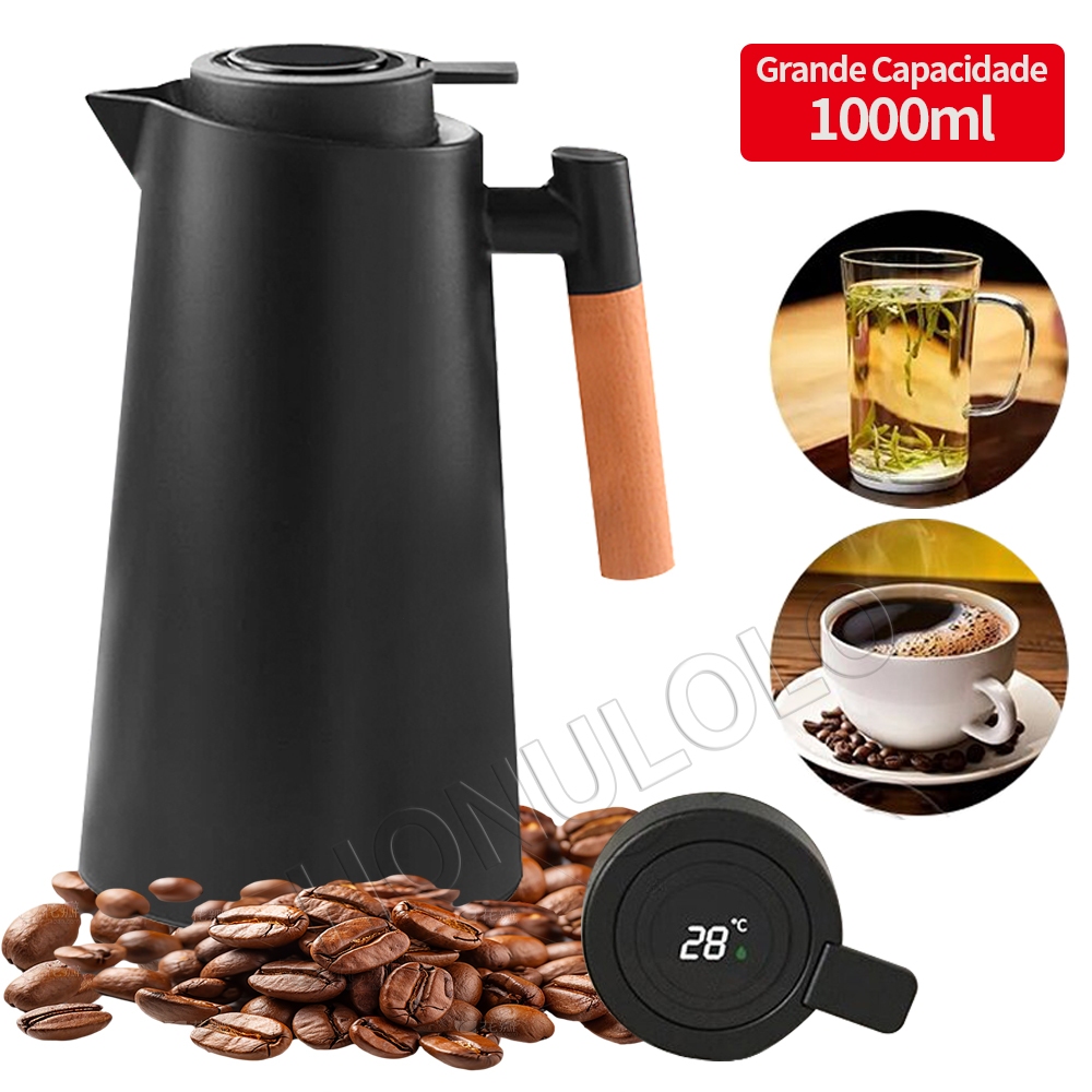 Garrafa Térmica de água, 1 Litro Garrafa Térmica Com Termômetro Led Para Chás / Café Design Moderno Cabo Em Madeira