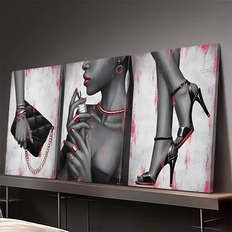 Quadro Feminino Fashion com Salto, Bolsa e Perfume - Kit 3 Peças Decorativo Preto e Rosa em Oferta na Shopee