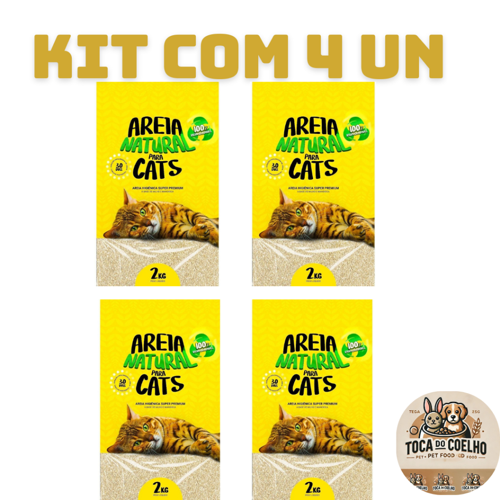 KIT COM 4 AREIA HIGIÊNICA NATURAL BIODEGRADÁVEL MILHO E MANDIOCA PARA GATOS TIGER CATS 2KG em Oferta na Shopee