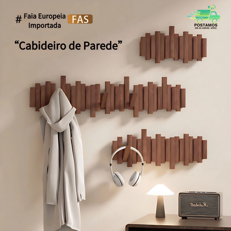 Cabideiro de Parede em Madeira Maciça - Estilo Minimalista Multifuncional com 6/8/10 Ganchos em Oferta na Shopee