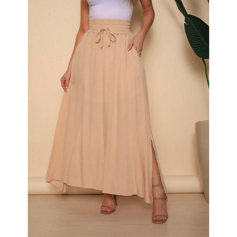 SAIA LONGA VISCOLINHO FEMININA COM BOLSOS COM FENDA LATERAL MODA EVANGÉLICA FORRADA MODA CASUAL CINTURA ALTA