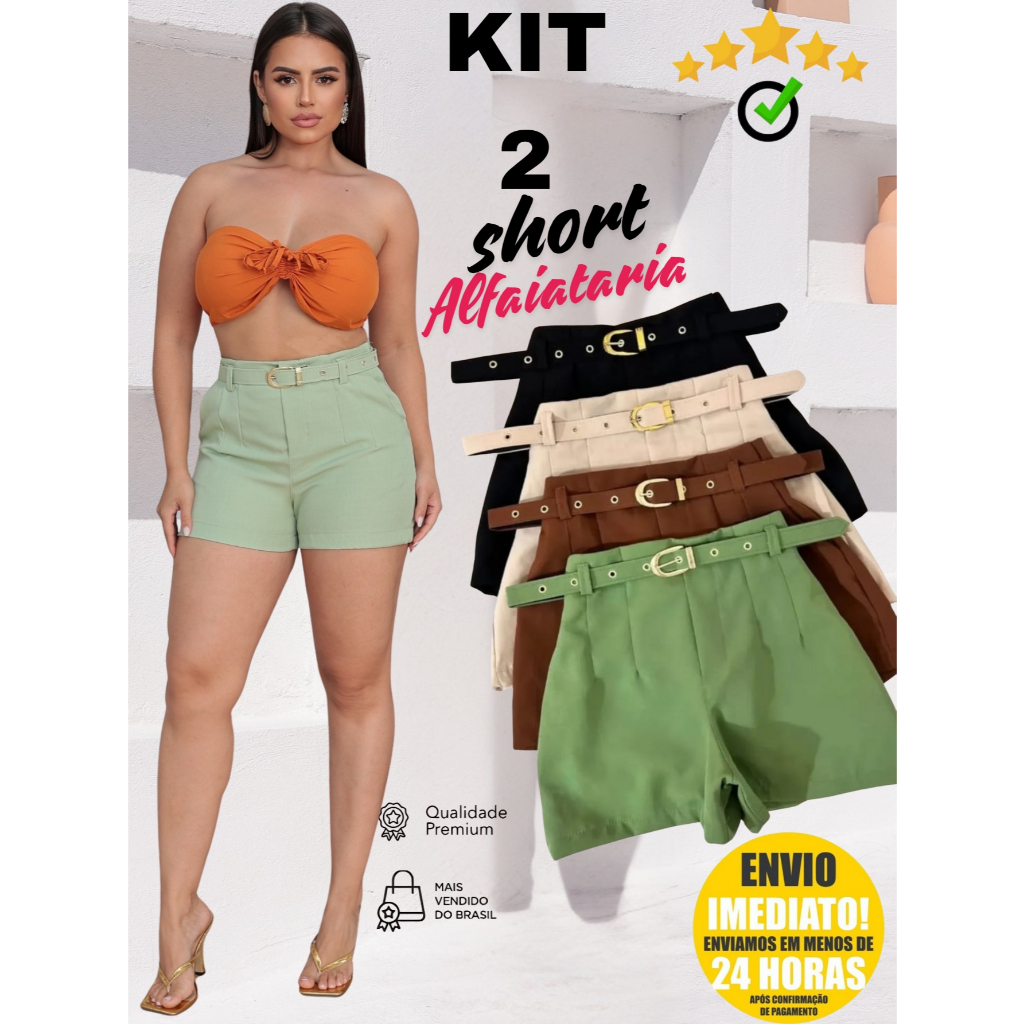 Kit 2 Shorts Feminino Alfaiataria Social Com Cinto Forrado Com Bolso ENVIO IMEDIATO em Oferta na Shopee