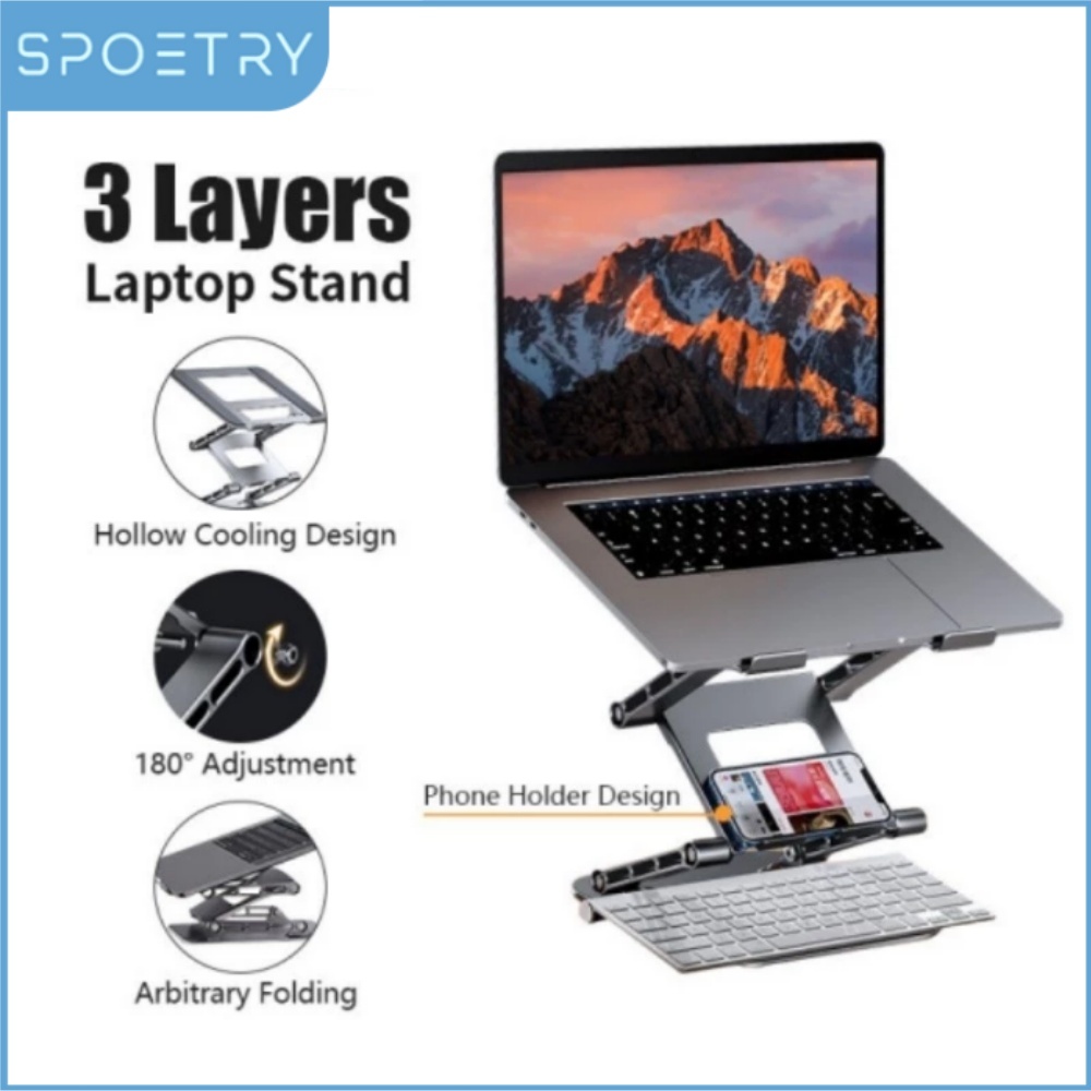 Suporte para laptop de 3 camadas ajustável, suporte para celular e tablet em liga de alumínio antiderrapante