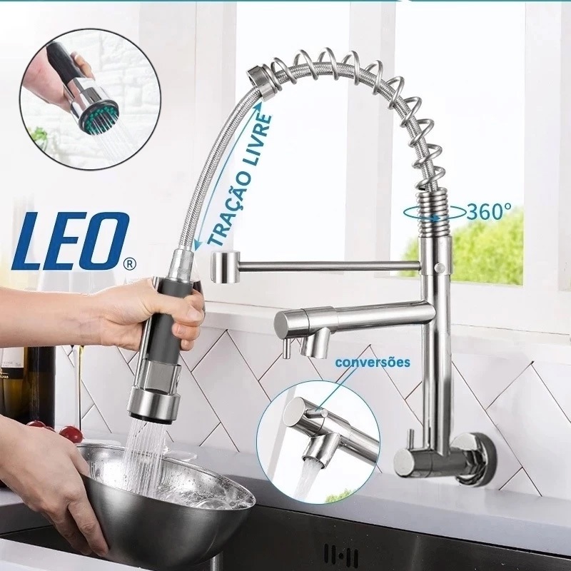 Torneira de cozinha giratória 2 em 1 360° de aço inoxidável 304 montada na parede em Oferta na Shopee