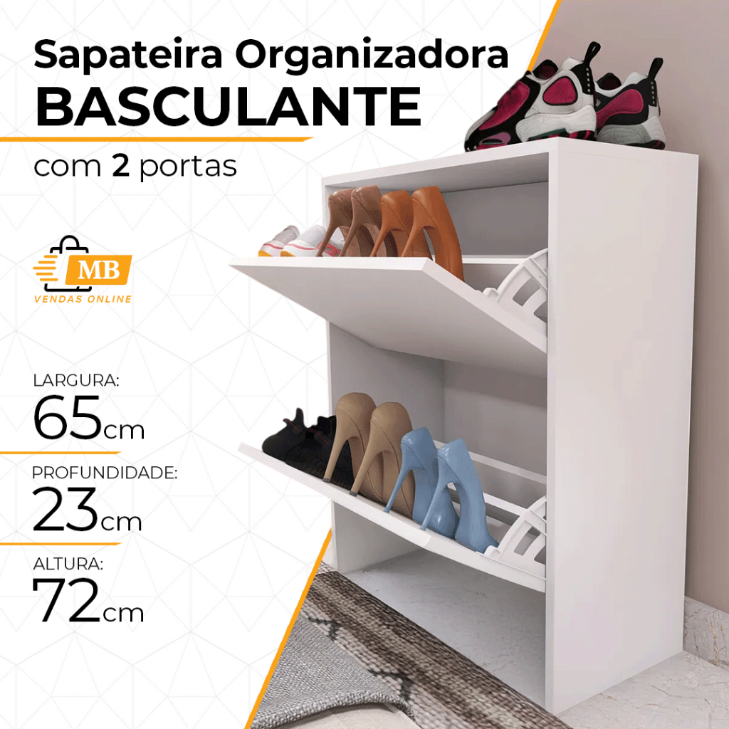 Sapateira 2 Portas Basculante Branco Organizador Moderno e Multiuso  Compacta e Funcional para Otimizar Espaços