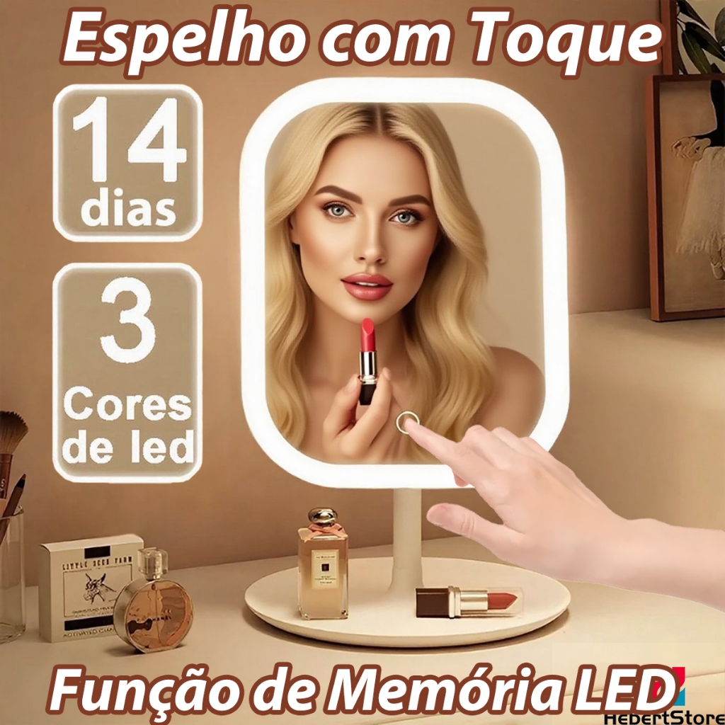 Espelho Maquiagem com LED de 3 Cores Touch Função de Memória Rotação 270° Desmontável Recarregável