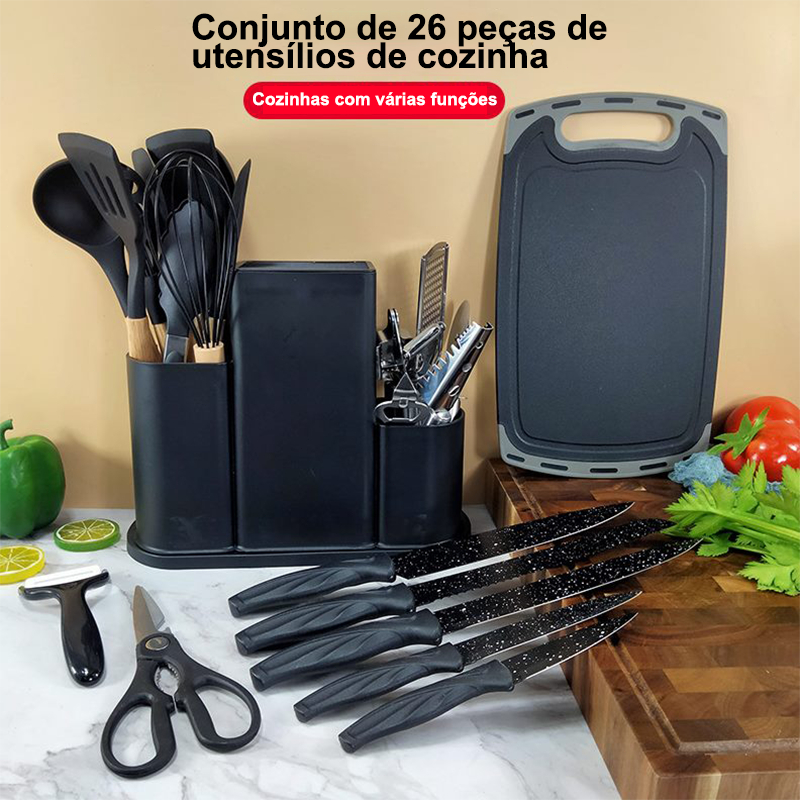 Kit Completo Jogo Utensílios de Cozinha Luxo 19 Peças Com Tábua em Silicone Espátula Faca Tesoura 2000GR VISTA