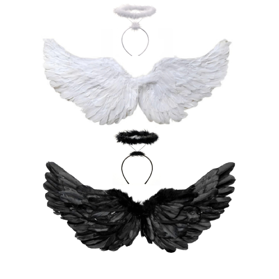 Kit Asas de Anjo e Tiara Arquinho de Aureola Fantasia Halloween Carnaval