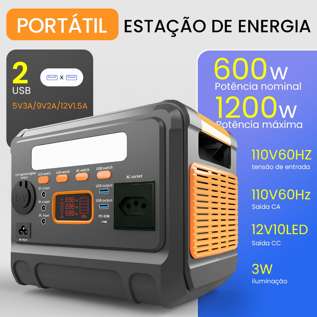 Estação Portátil 576Wh 600W - Solar, USB-C PD, 110V/220V, LED, Viagens/Emergências