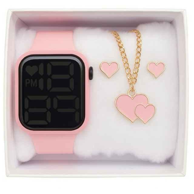 Kit relógio feminino infantil com colar e brincos e caixinha