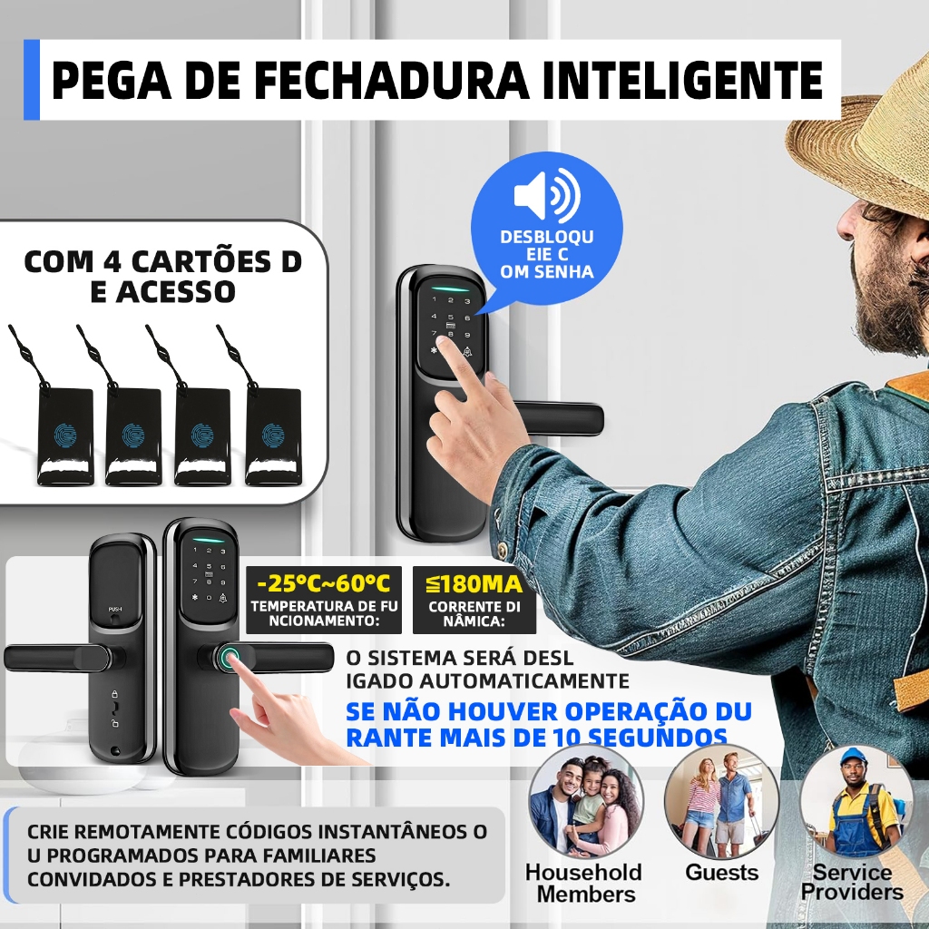 Fechadura Eletrônica Digital 6 em 1 Biometria:Controle remoto/Senha Touch/senhas temporárias/chave e cartões de acesso