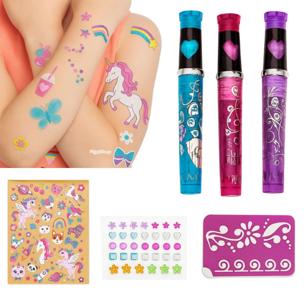 Estudio de caneta glitter de tatuagem temporaria divertida infantil adesivos estenceis em Oferta na Shopee