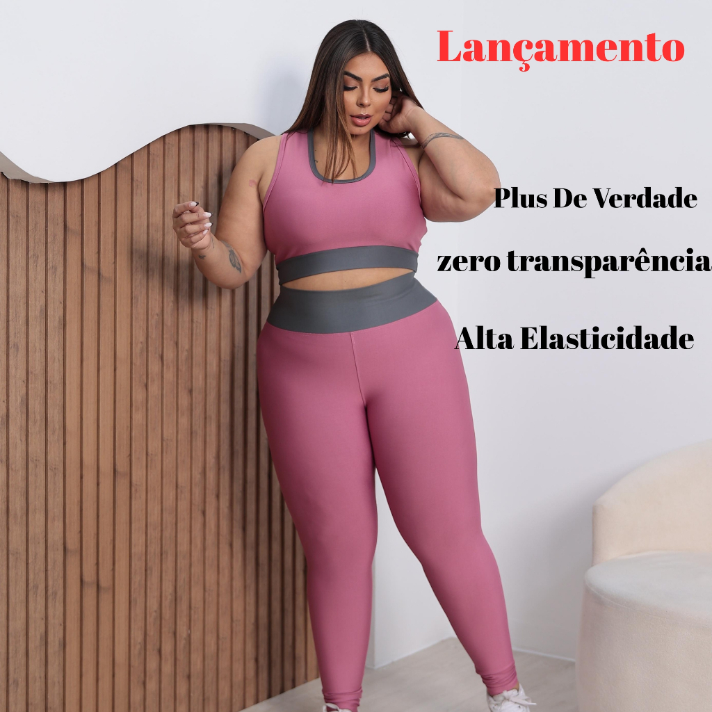 Conjunto Fitness Plus Size Feminino G1-G4 | Top e Legging Cintura Alta | Academia Modeladora Antitransparente