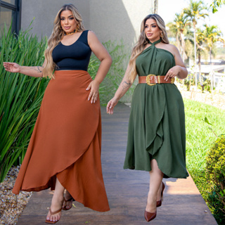 Saia Longa Plus Size Envelope Transpassada com Amarração Elegante Tendência em Oferta na Shopee