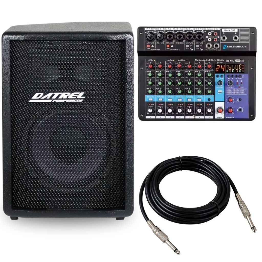 Kit Caixa Som 150w Rms Ativa Acustica Amplificada Profissional + Console Mesa 8 Canais Audio Mixer Efeitos Usb Bluetooth
