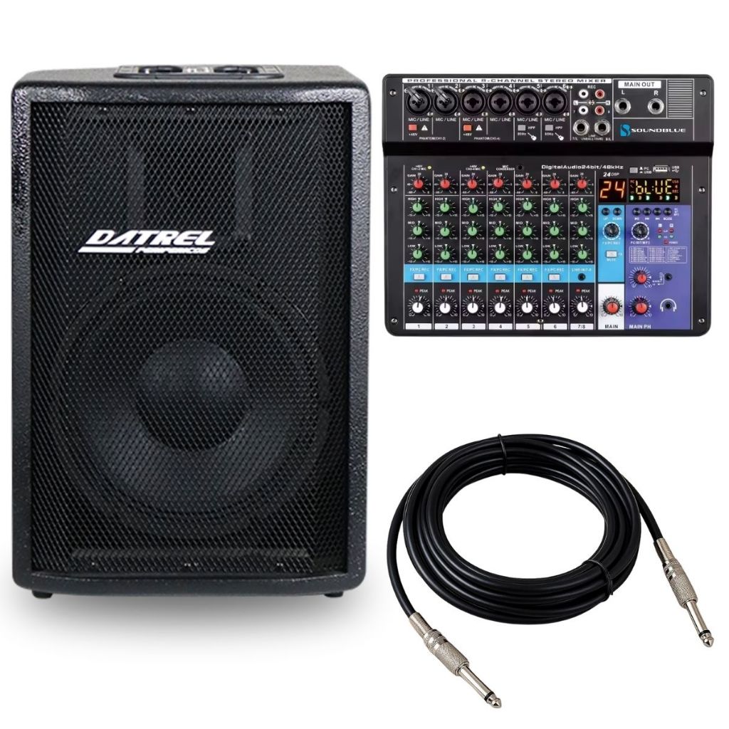 Kit Caixa Som Ativa 200w Datrel 10 Profissional Acustica Amplificada + Console Mesa 8 Canais Efeitos Usb Midi Bluetooth