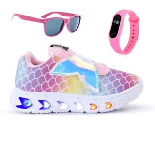 Kit Tenis Feminino Infantil Sereia Glitter De Led Meninas Cano Alto + Óculos + Relógio Linkito em Oferta na Shopee
