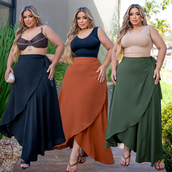 Saia Vestido Plus Size Envelope Transpassada Amarração Laço em Oferta na Shopee