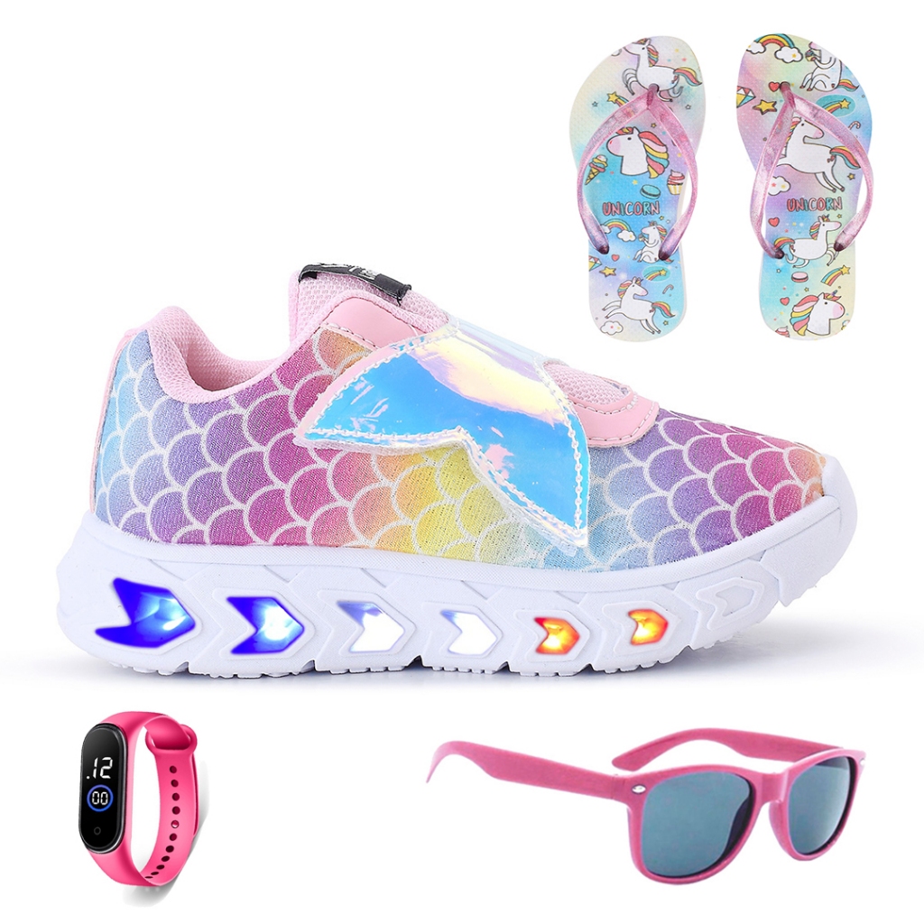 Kit Tenis Feminino Infantil Sereia Glitter De Led Meninas Cano Alto + Chinelo + Óculos + Relógio Linkito