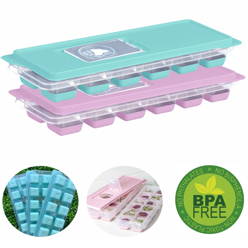 Forma de Gelo com Tampa Kit 2 Pcs Fundo em Silicone com Tampa de Aba Enche Fácil Resistente BPA FREE