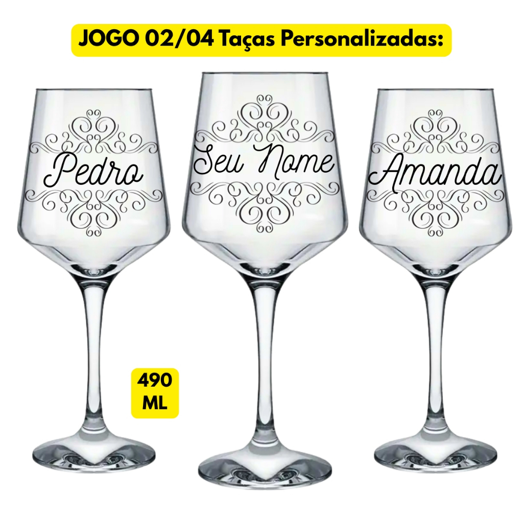 Jogo Kit 02/04 Taças Vidro Vinho Brunello 490ML Personalizada Nome Inicial Casal Casamento Presente