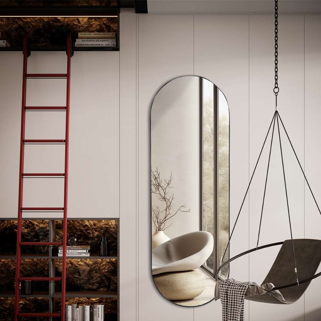 Espelho Pilula Decorativo 150x50 Moldura em Couro Ecológico para Sala Quarto Banheiro em Oferta na Shopee