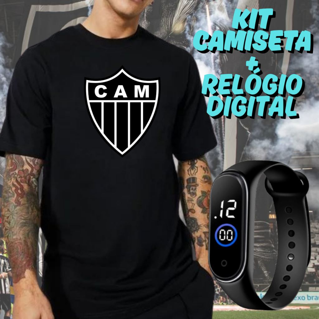Kit Camiseta e Relógio Digital ATLÉTICO MINEIRO, Mas/Fem, Estampa em DTF, Relógio com Pulseira de Borracha, 100% Algodão