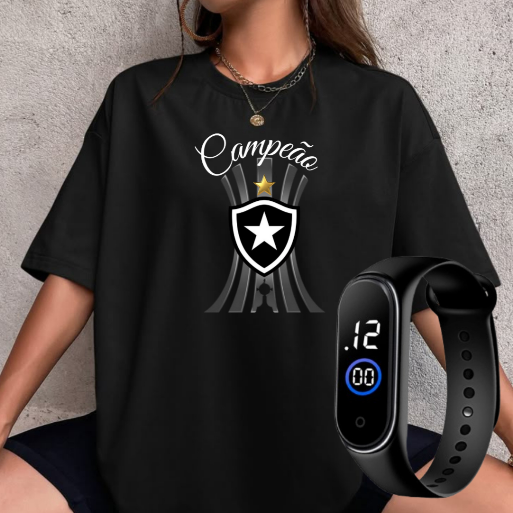 BOTAFOGO CAMPEÃO LIBERTADORES, Kit Camiseta e Relógio Digital, Mas/Fem, Relógio com Pulseira de Borracha, 100% Algodão