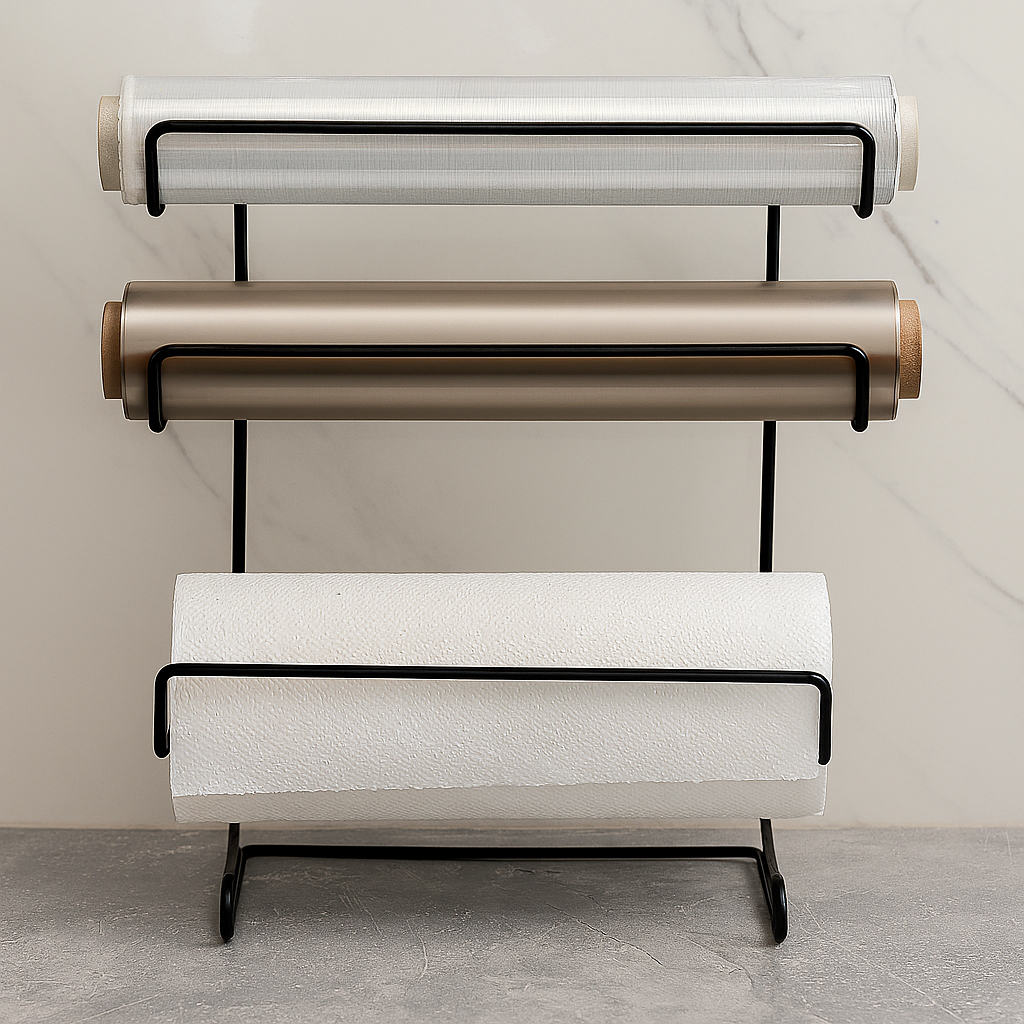 Suporte Aramado 3 Rolos Papel Toalha Alumínio e PVC de Bancada Cozinha Organizador Porta Rolos em Oferta na Shopee