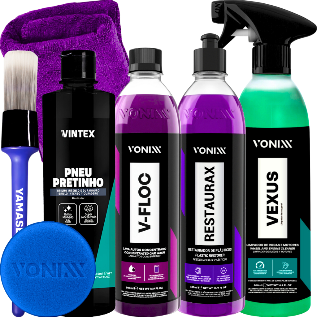 Kit Shampoo V-Floc Neutro Vexus Restaurax Pneu Pretinho 500ml Vonixx