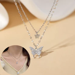Colar Feminino Borboletas Duplo Minimalista Banhado Ouro Prata Choker Elegante