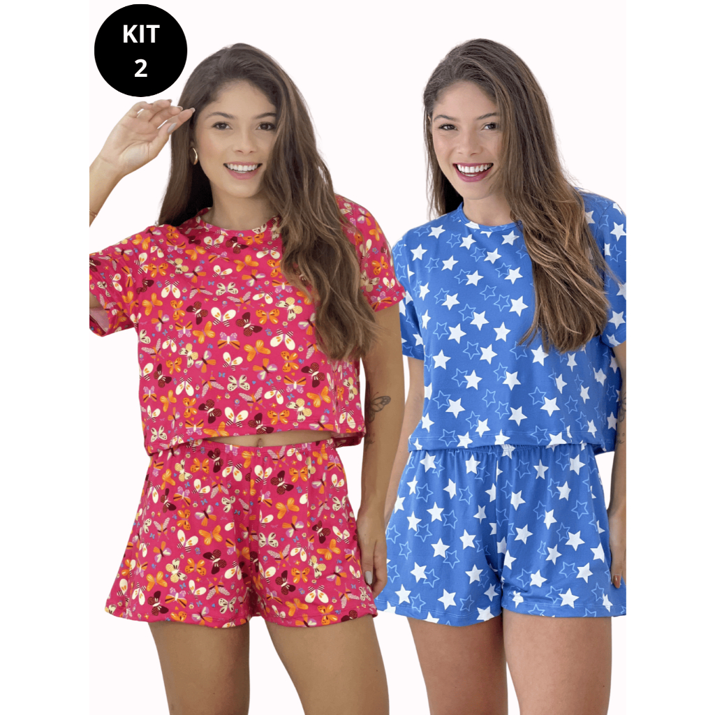 KIT C/ 2 Conjunto de Pijama Feminino Virginia Manga Curta e Short Estampado em Oferta na Shopee