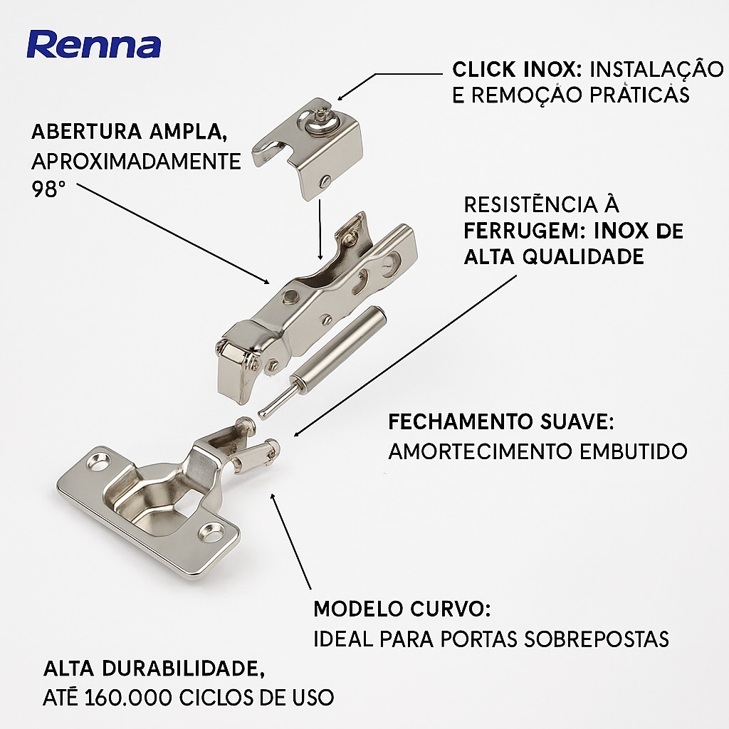 Kit 6 Dobradiça Curva Inox Pistao Amortecedor Porta Armario Renna — imagem 2 de 2
