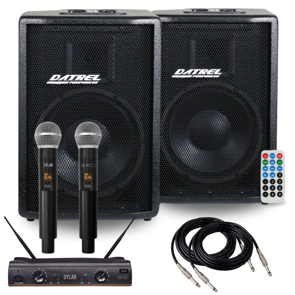 Kit Caixas Som 400w Ativa Passiva 10 Acustica Profissional + Microfone Dylan Duplo Sem Fio Cardioide